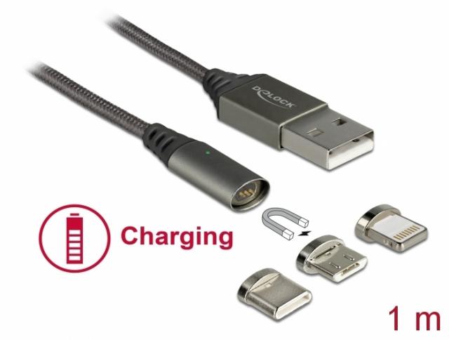 Кабел за зареждане Delock  3 в 1, USB-A мъжко - 8 Pin / Micro USB / USB Type-C, 1м, Черен 