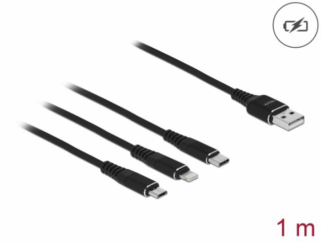 Кабел за зареждане Delock  3 в 1, USB - Lightning Micro USB- USB-C, 1м, Черен 