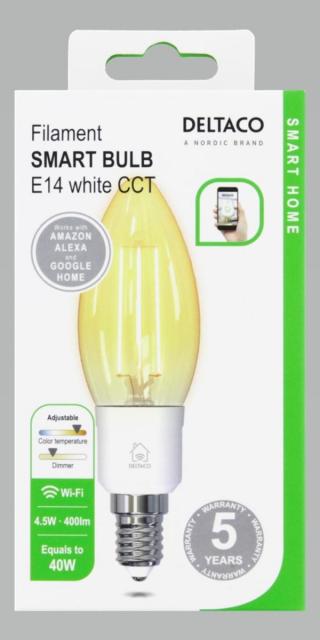 DELTACO SMART HOME LED filament lamp, E14, WiFI 2.4GHz, 4.5W, 400lm, dimmable, 1800K-6500K, 220-240V, white 