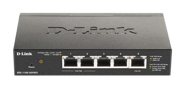 Суич D-Link DGS-1100-05PDV2, 5 портов 10/100/1000 Gigabit Smart Switch,PoE, управляем 