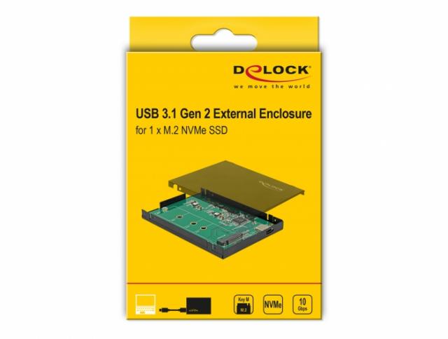 Външно чекмедже Delock, За M.2 NVMe PCIe SSD, USB-C 3.1 Gen 2, 2.5″ 