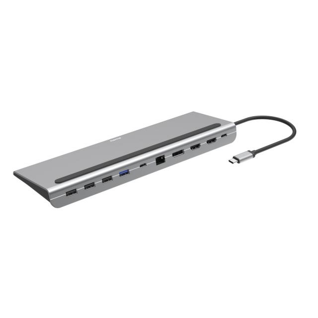 Докинг станция 10 в 1 HAMA Connect2Office Pro, USB-A, USB-C (PD), HDMI, DP, LAN/Ethernet, Сива 