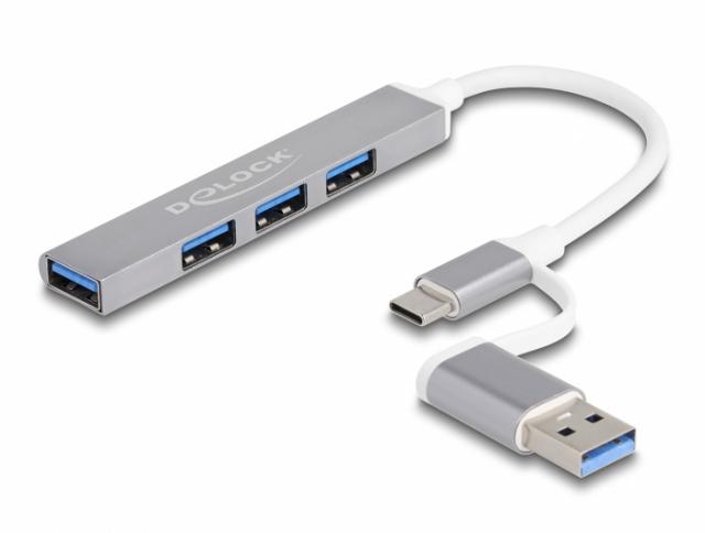 Delock 4 Port Slim USB Hub with USB-C or USB-A to 3 x USB-A 2.0 female + 1 x USB-A 5 Gbps female 