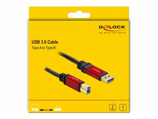 Кабел Delock USB-A мъжко - USB-B мъжко, 2 м, Premium, Екраниран, Черен 