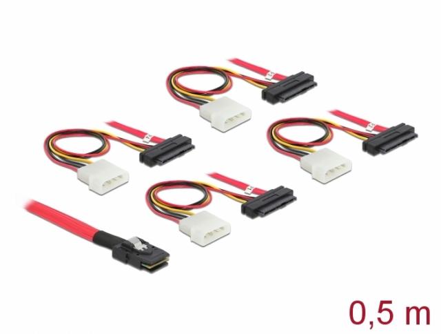 Интерфейсен кабел DeLock, mini SAS SFF-8087 - 4 x SAS SFF-8482 + power, 0.5 m 