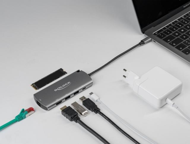Докинг станция Delock USB-C, M.2 слот за SSD, HDMI, Gigabit LAN, 2xUSB-A, USB-C, Сива 