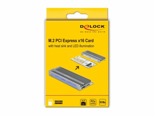 PCI Express x16 (x1 / x4 / x8) карта Delock, за M.2 NVMe M.2 Key M, RGB LED 