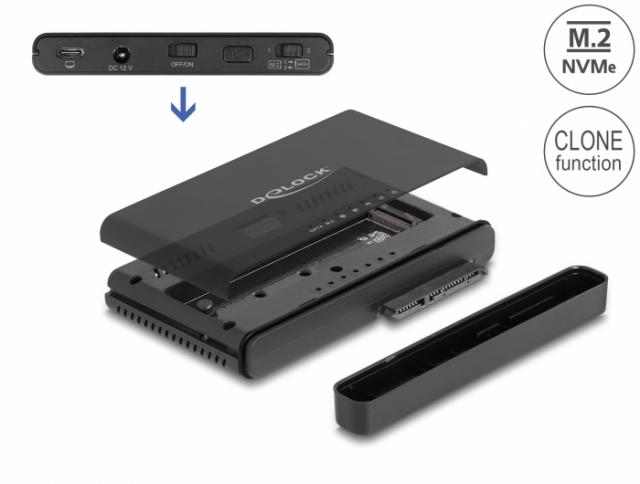 Конвертор Delock, USB-C - 1 x M.2 NVMe SSD + 1 x SATA SSD / HDD, Функция клониране 