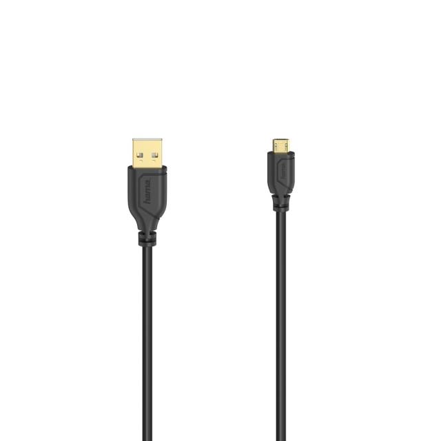 Кабел HAMA Flexi-Slim, USB 2.0 мъжко - micro USB мъжко, 0.75 м., Позлатени конектори, Черен 