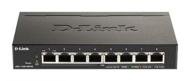 Суич D-Link DGS-1100-08PV2/E, 8 портов PoE 10/100/1000 Gigabit Smart Switch, управляем, за монтаж в шкаф 