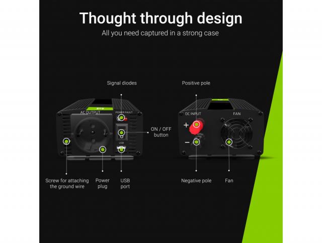 Инвертор GREEN CELL, 12/220V,  DC/AC 1000W/2000W, Модифицирана синусоида 