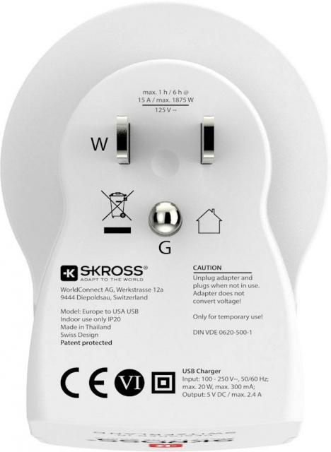 Skross Travel adapter Еurope to USA, USB,white 