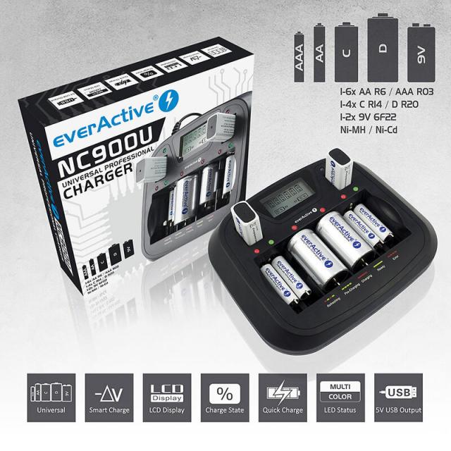 Зарядно у-во Universal Charger  NIMH R6,03,14,20,22 с микропроцесор NC900U  EVERACTIVE 