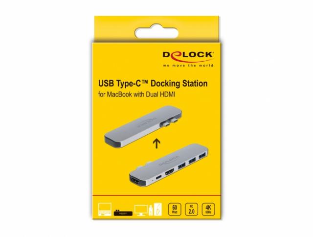 Докинг станция Delock, За MacBook, HDMI 4K, USB-A, USB-C, PD, Сива 