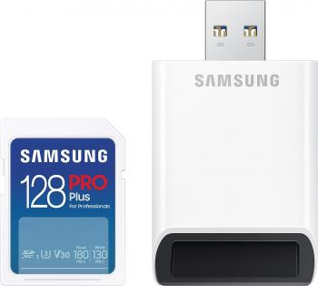 Карта памет Samsung PRO Plus, SD Card, 128GB, USB Четец, Бяла