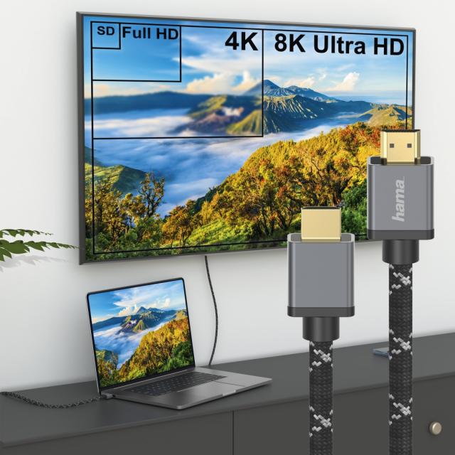 Кабел HAMA Ultra HD, HDMI мъжко - HDMI мъжко, 8K, 48GB/s, Метал, 1 м, Позл. конектори, Черен 