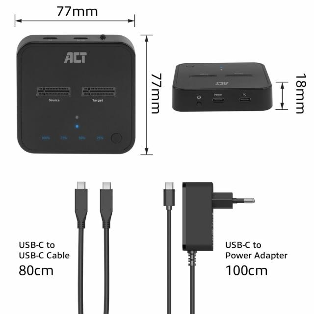 Двойна SSD докинг станция, ACT M.2 NVMe/PCIe  за клониране, USB-C 3.2 Gen2, 10 Gbps 