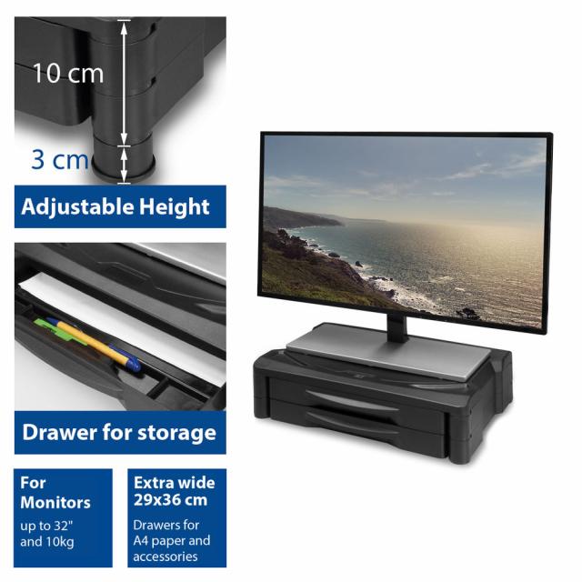 ACT Monitor stand extra wide with two drawers, up to 10kg, adjustable height 