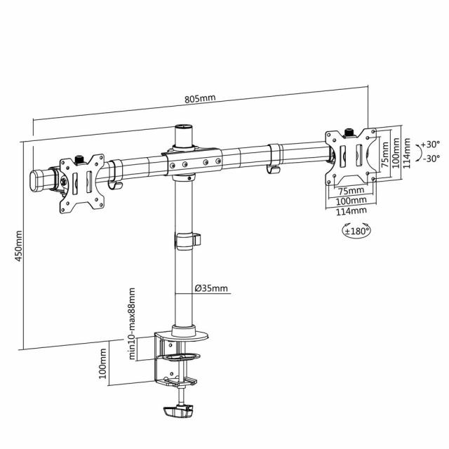 Monitor desk mount, 2 screens up to 27", VESA 