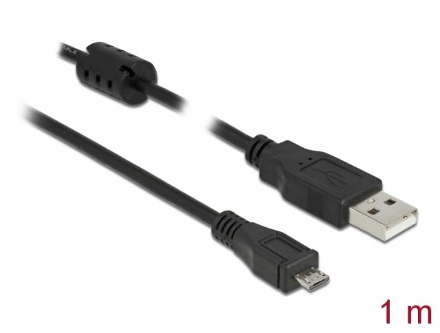 Кабел DeLock, USB-A мъжко - MicroUSB-B мъжко, USB 2.0, 1 м, Черен 