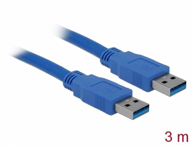 Kабел Delock USB-A мъжко - USB-А мъжко, 3 м, Екраниран, Син 