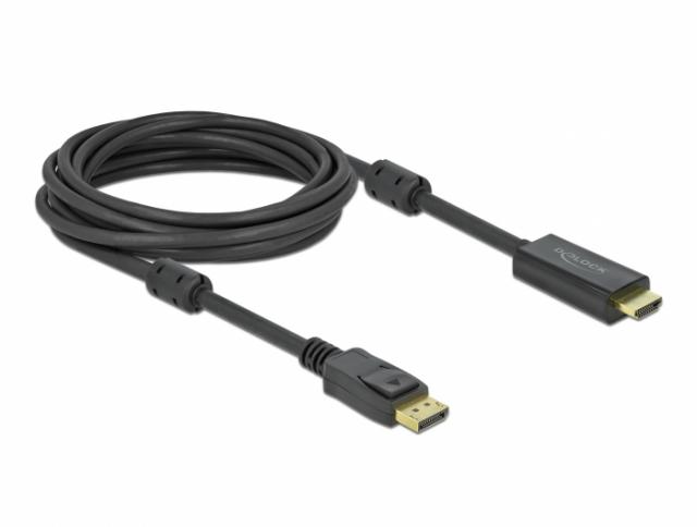 Кабел Delock DisplayPort мъжко - HDMI мъжко, 5 м., 4K 60Hz, Черен 