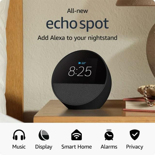 All-new Echo Spot (2024 release), Smart alarm clock with vibrant sound + Alexa, Black 