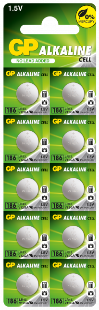 Button alkaline battery GP186 AG12 LR43 / 10 pcs. / Pack price for 1 pc. / 1.55V GP 