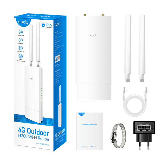 Wireless Router Cudy LT400 Outdoor, N300, 4G LTE,  2.4 GHz, 300 Mbps 