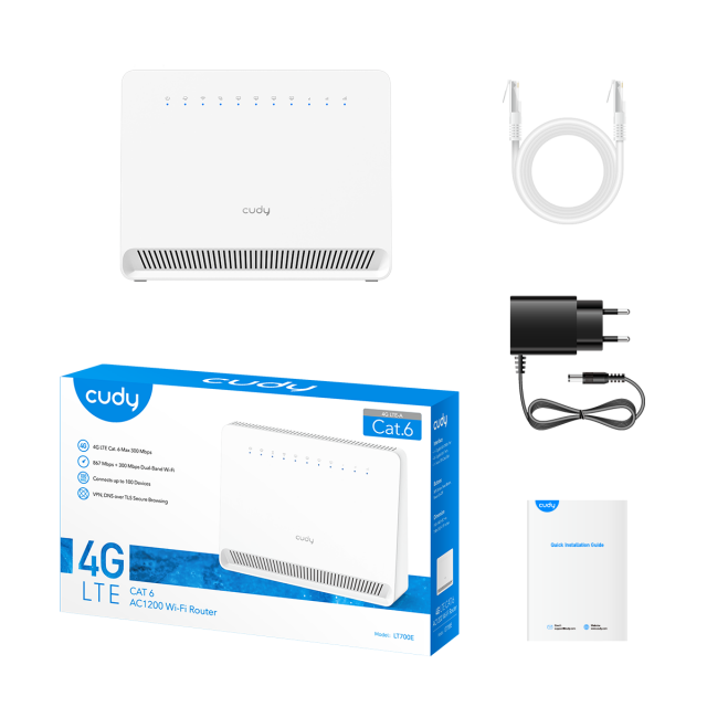 Wireless Router Cudy LT700E, AC1200, 4G, LTE CAT 6, 2.4/5 GHz, 300 - 867 Mbps 