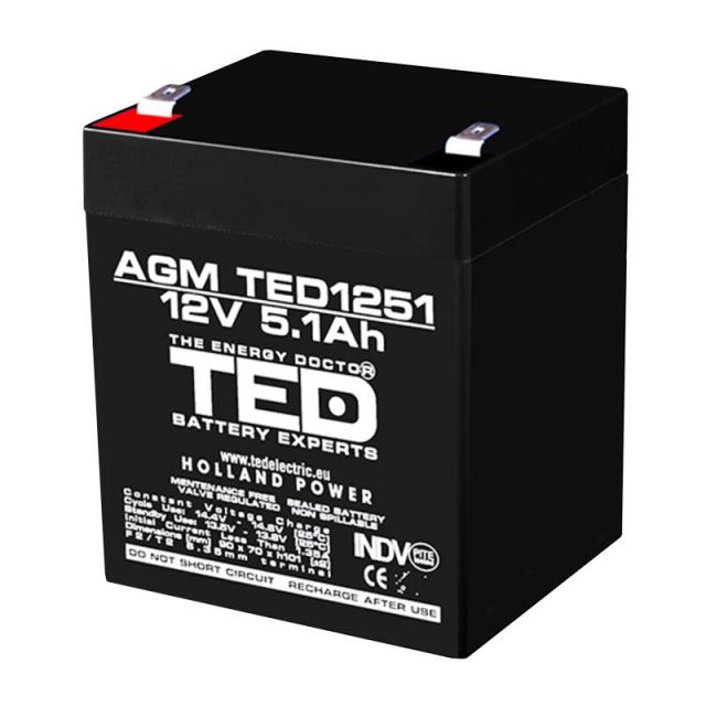 Оловна батерия TED ELECTRIC AGM, 12V, 5Ah, 90/ 70/ 10 1mm, Терминал 2 