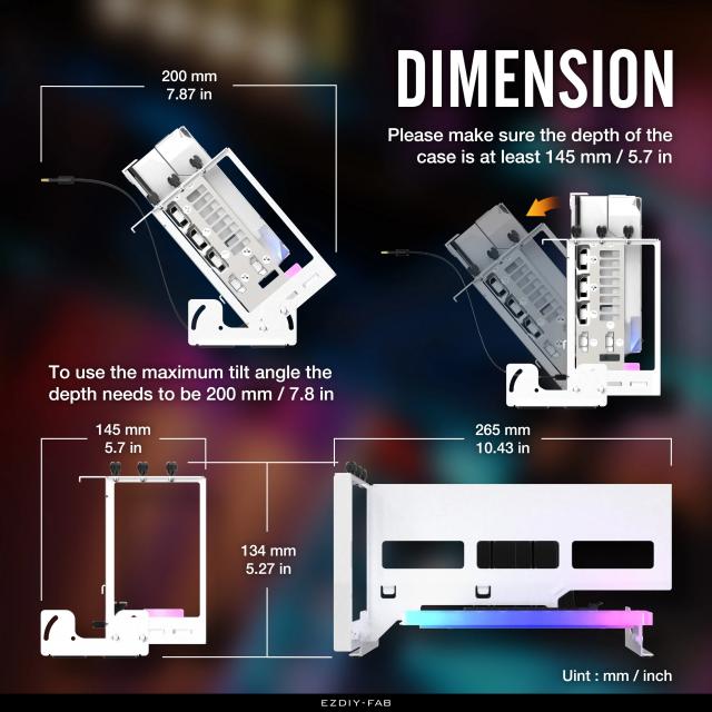 Брекет за вертикален монтаж на 45° GPU EZDIY-FAB ARGB PCIe 4.0 Riser Cable - Черен 