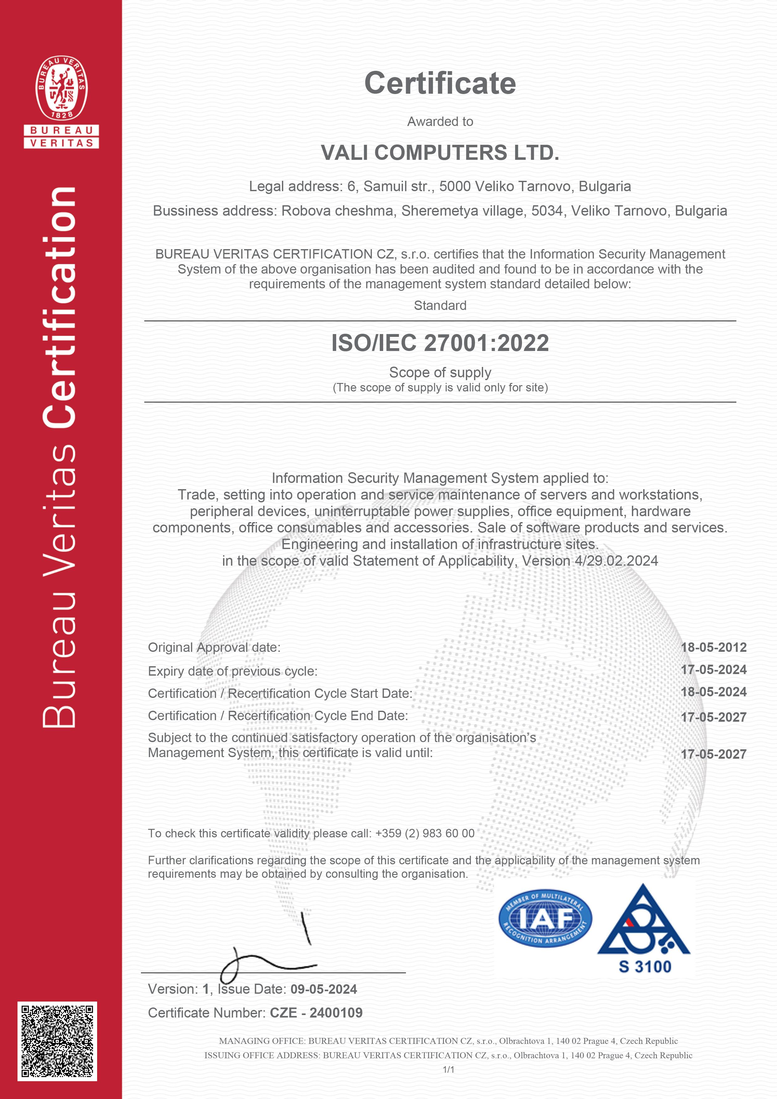 Certificate ISO 27001:2022