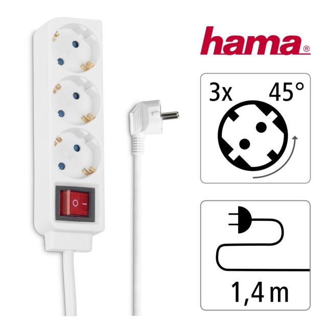 Hama Power Strip, 3-Way, with Switch, 1.4 m, white 