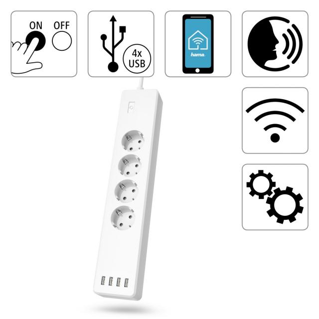Hama Smart WLAN Power Strip, 4-Way, Indiv. Switchable, Overload Prot., 4x USB 