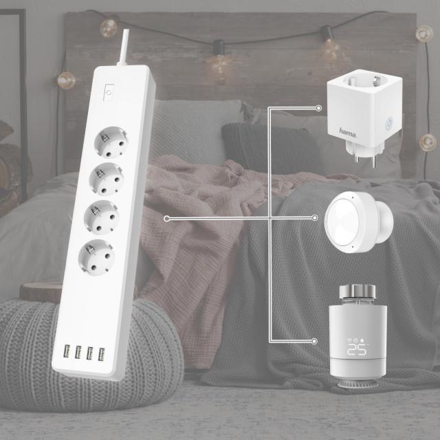 Hama Smart WLAN Power Strip, 4-Way, Indiv. Switchable, Overload Prot., 4x USB 