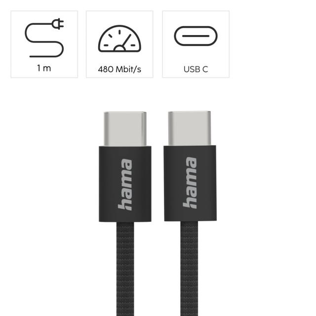 Hama "Fabric" Charging Cable, USB-C - USB-C, 1 m, Nylon, black 