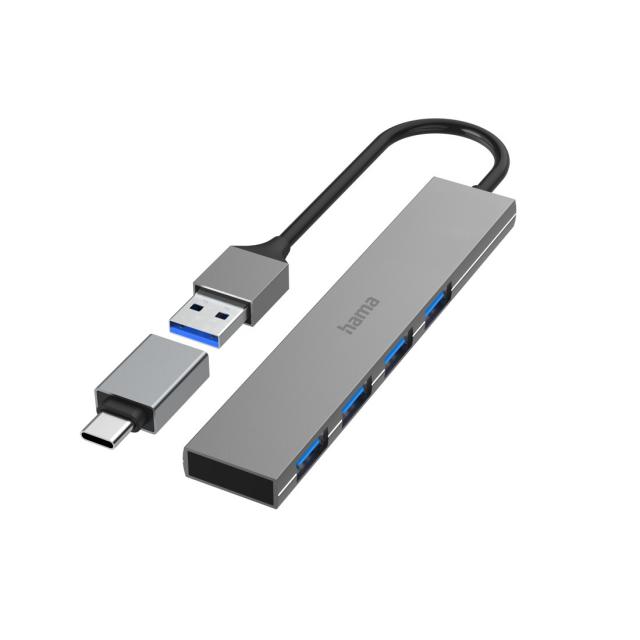 Hama USB Hub, 4 Ports, USB 3.2 Gen 1, 5 Gbit/s, Ultra-Slim, incl. USB-C Adapter 