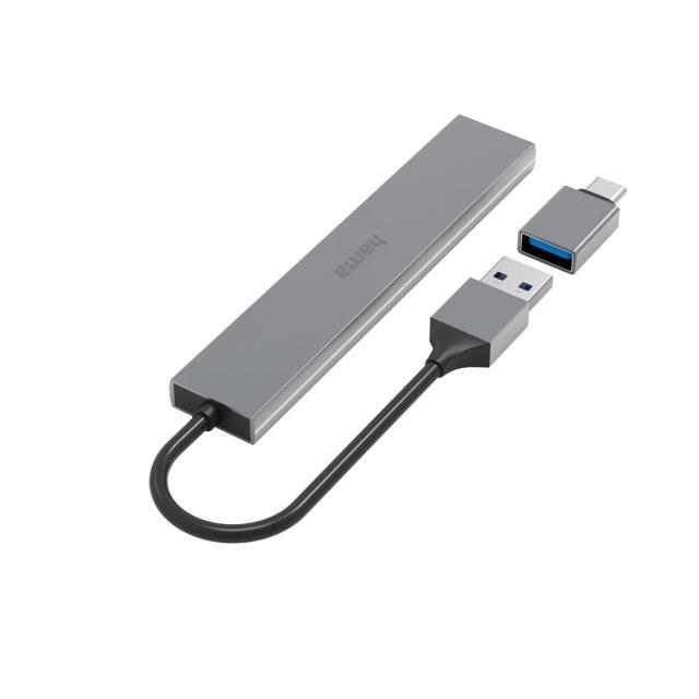 Hama USB Hub, 4 Ports, USB 3.2 Gen 1, 5 Gbit/s, Ultra-Slim, incl. USB-C Adapter 
