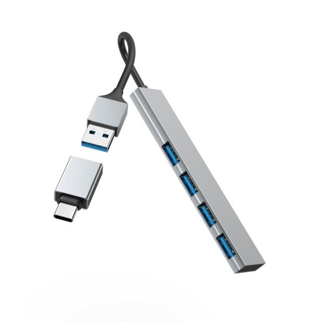 Hama USB Hub, 4 Ports, USB 3.2 Gen 1, 5 Gbit/s, Ultra-Slim, incl. USB-C Adapter 