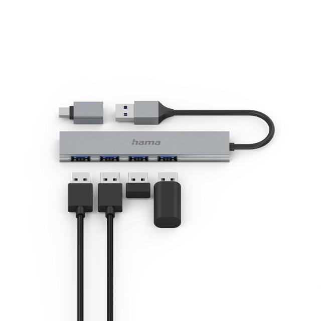 Hama USB Hub, 4 Ports, USB 3.2 Gen 1, 5 Gbit/s, Ultra-Slim, incl. USB-C Adapter 
