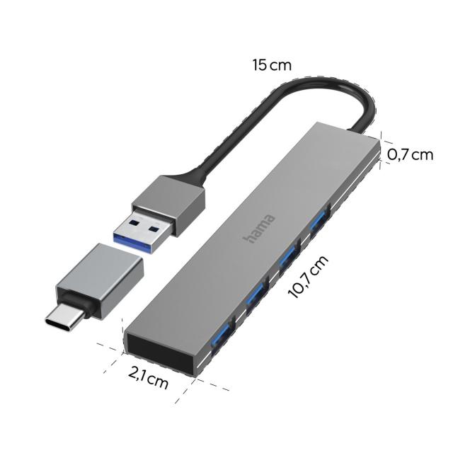 Hama USB Hub, 4 Ports, USB 3.2 Gen 1, 5 Gbit/s, Ultra-Slim, incl. USB-C Adapter 