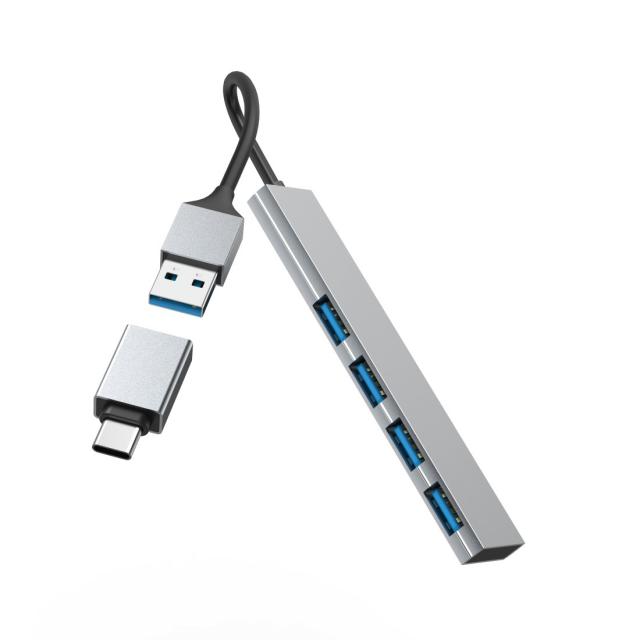 Hama USB Hub, 4 Ports, USB 3.2 Gen 1, 5 Gbit/s, Ultra-Slim, incl. USB-C Adapter 