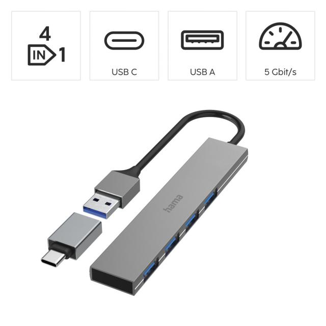 Hama USB Hub, 4 Ports, USB 3.2 Gen 1, 5 Gbit/s, Ultra-Slim, incl. USB-C Adapter 