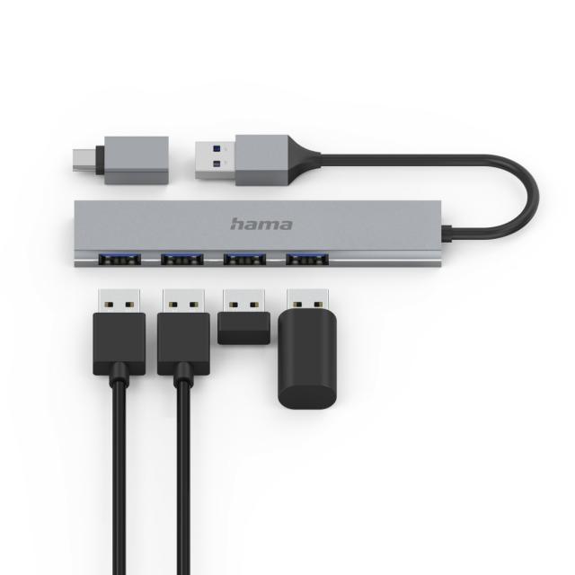 Hama USB Hub, 4 Ports, USB 3.2 Gen 1, 5 Gbit/s, Ultra-Slim, incl. USB-C Adapter 