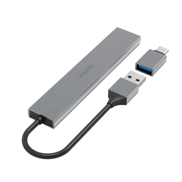 Hama USB Hub, 4 Ports, USB 3.2 Gen 1, 5 Gbit/s, Ultra-Slim, incl. USB-C Adapter 