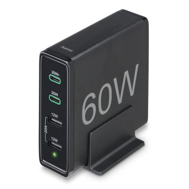 HAMA Зарядна станция 4 порта, 60W, 2 x USB-C, 2 x USB-A, PD, Fast Charge 