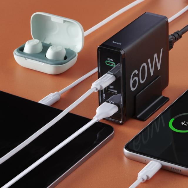 HAMA Зарядна станция 4 порта, 60W, 2 x USB-C, 2 x USB-A, PD, Fast Charge 