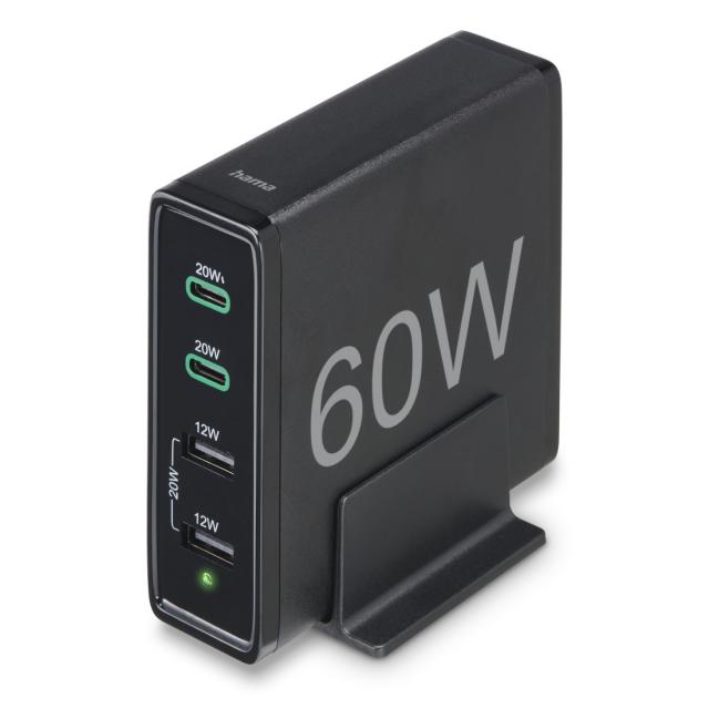 HAMA Зарядна станция 4 порта, 60W, 2 x USB-C, 2 x USB-A, PD, Fast Charge 