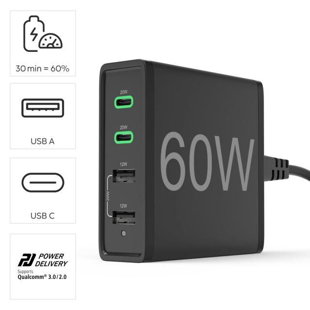 HAMA Зарядна станция 4 порта, 60W, 2 x USB-C, 2 x USB-A, PD, Fast Charge 